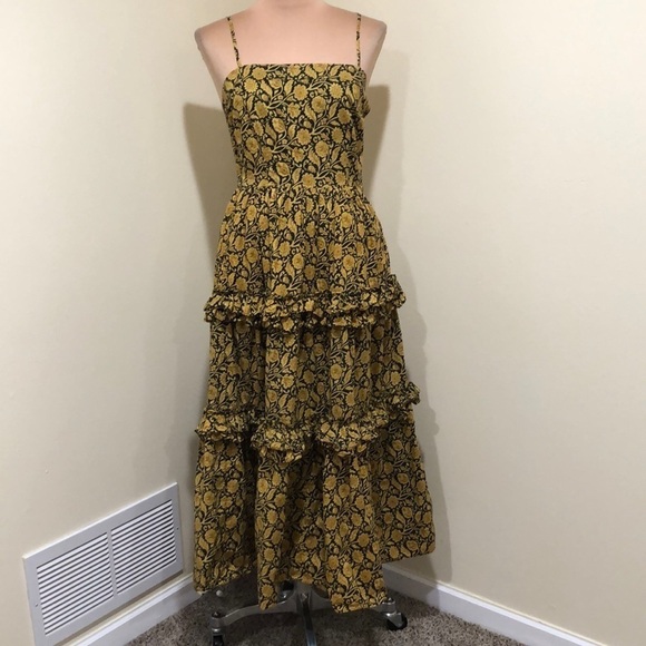 NICHOLAS Adele Maxi Dress Size 4 Black Mustard Yellow Floral Print Tiered Ruffle - Picture 2 of 11